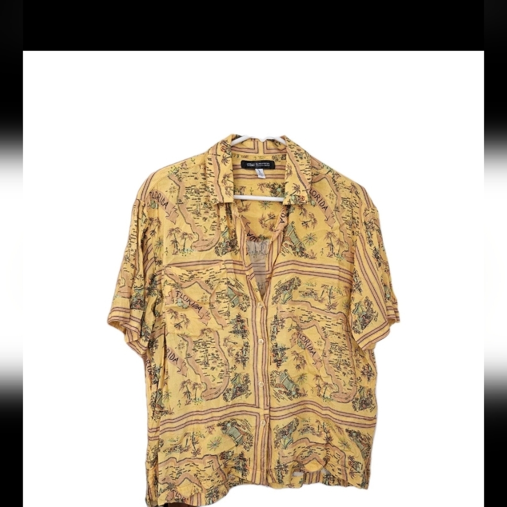 Urban Outfitters UO Gardenia Florida Souvenir Map Button Down Shirt - Yellow
